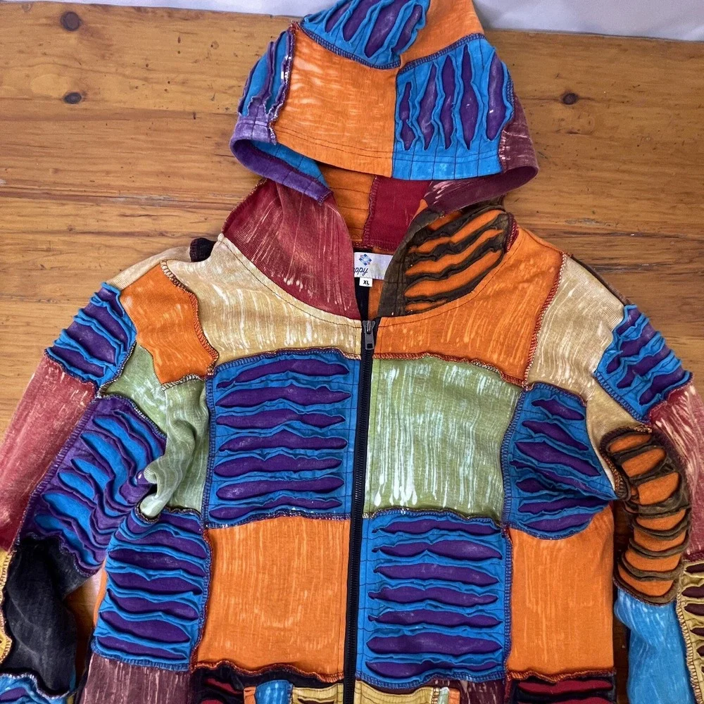 Happy Colors‎ Womens XL Jacket Hoodie Multicolor Patchwork Boho Hippy Distressed